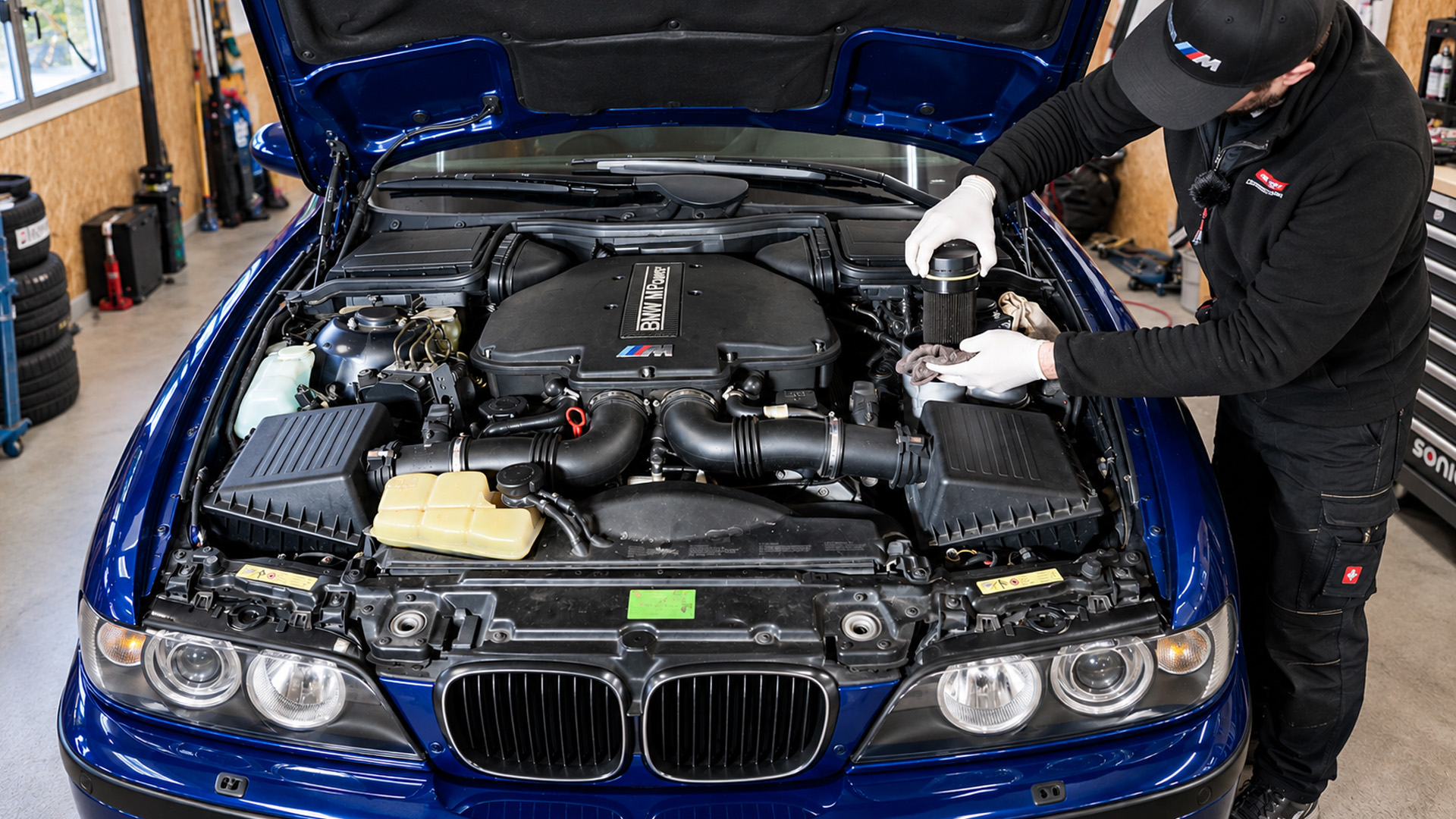 Servicing the BMW M5 with fresh oil and a new sensor