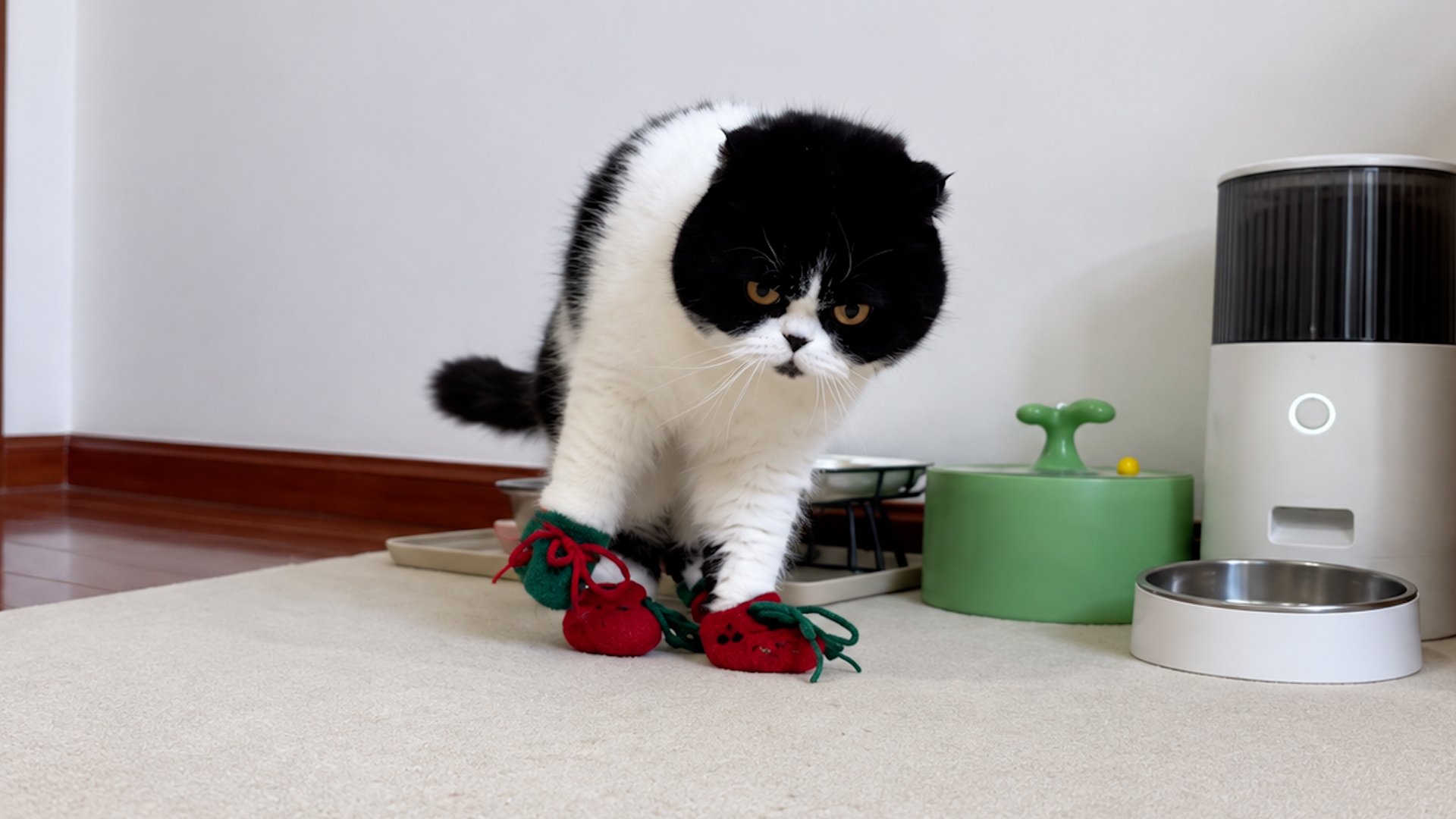 Funny cat gets caught wearing tiny shoes