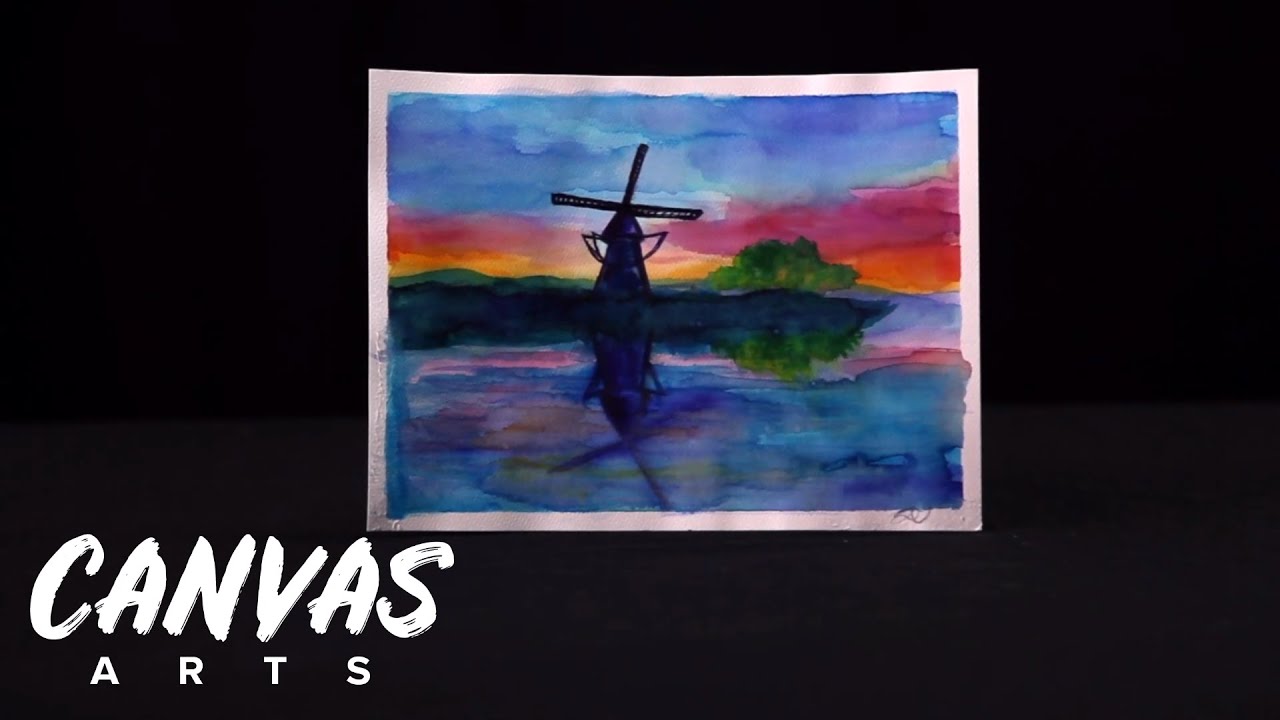 Watercolor sunset windmill painting tutorial
