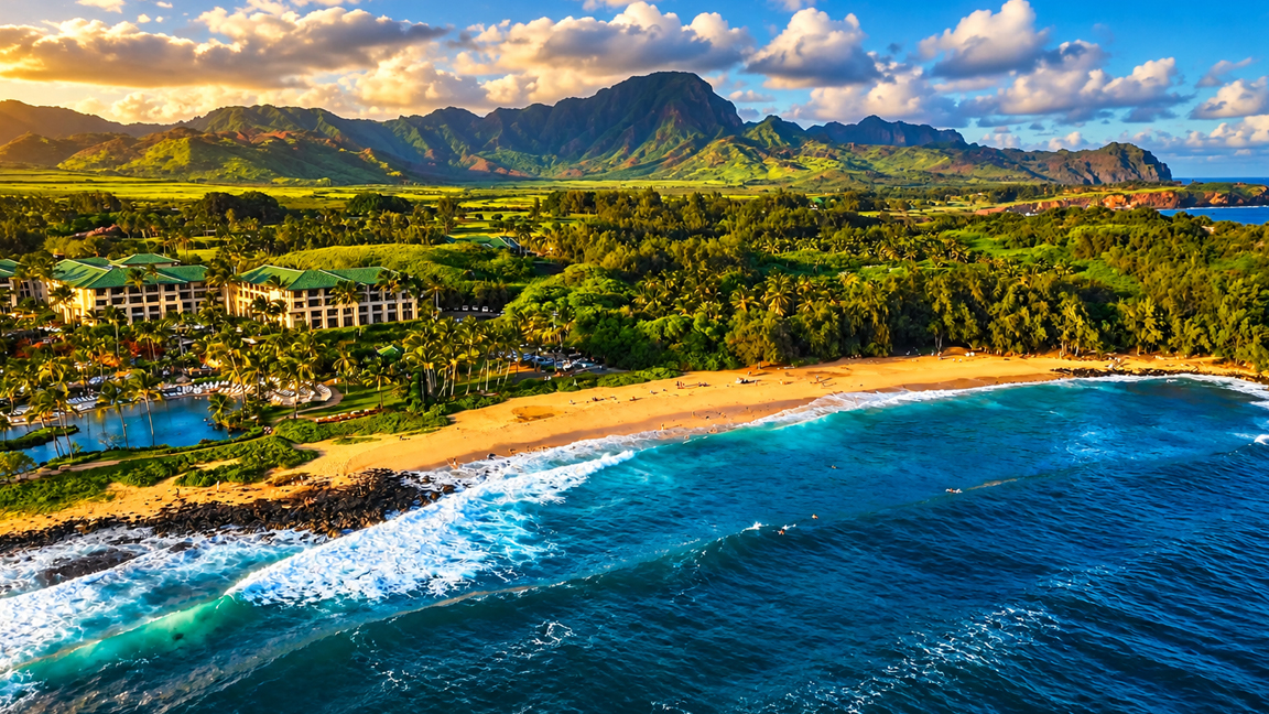 Golden sunset over a tropical beach and mountain coast