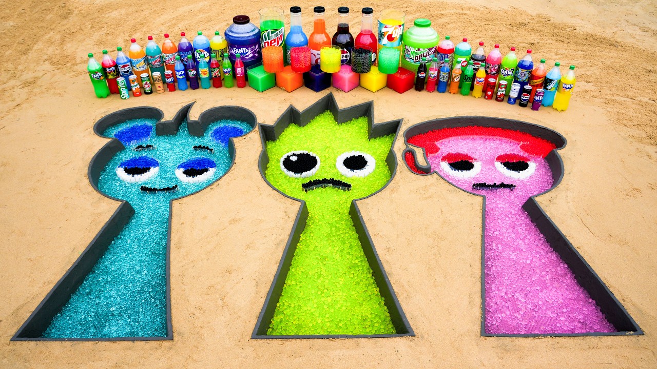 Making three giant Sprunki characters with cement, Orbeez, Coca-Cola ...