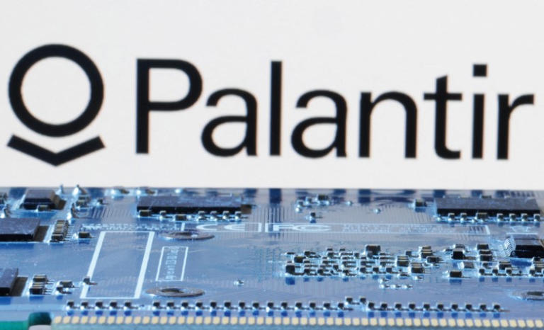 Palantir logo is seen near computer motherboard in this illustration taken January 8, 2024. REUTERS/Dado Ruvic/Illustration