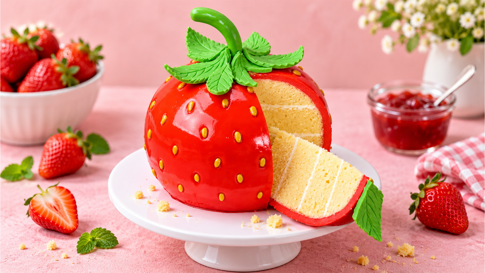 Vanilla filled strawberry fondant layer cake