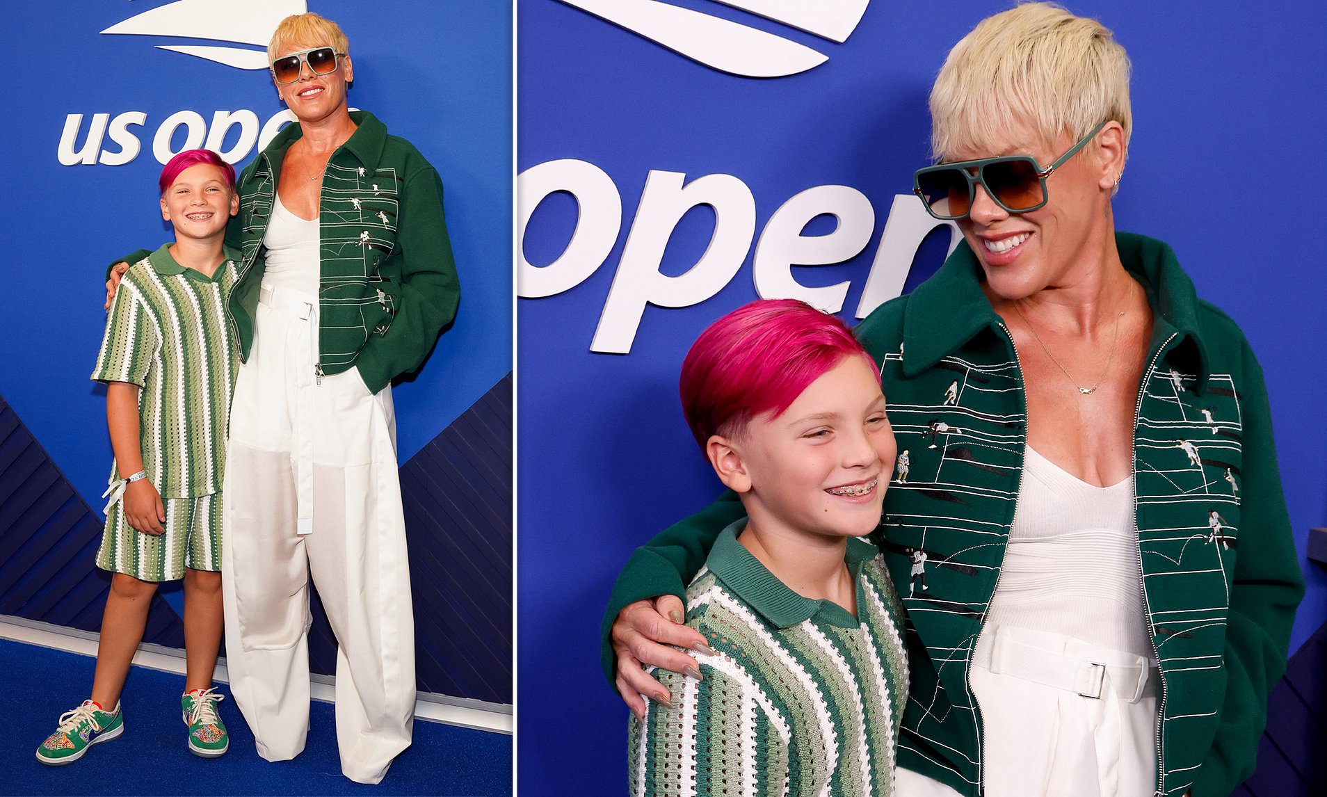 Pink is seen for first time since Macklemore row as her son, 9, shows off pink hair at the US Open