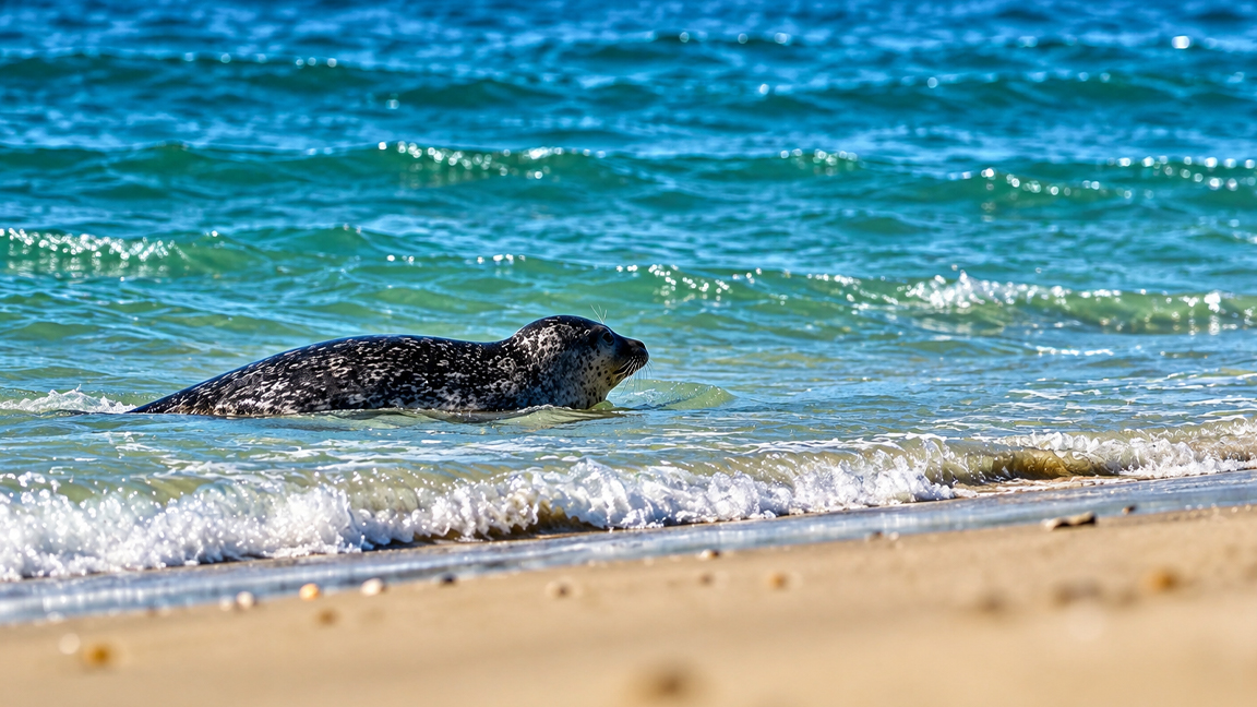 A wild seal swims close to the sandy shore