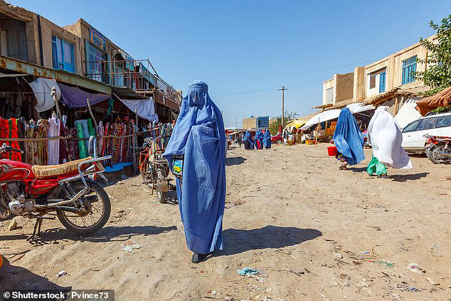  An Afghan woman wearing a burqa walks along a market in Andkhoy, Faryab Province, Northern Afghanistan