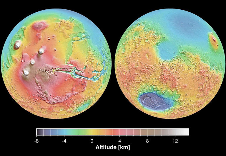 Dos vistas topográficas globales de Marte elaboradas con el altímetro láser MOLA de Mars Global Surveyor. Los colores indican la altitud. Crédito: NASA/JPL