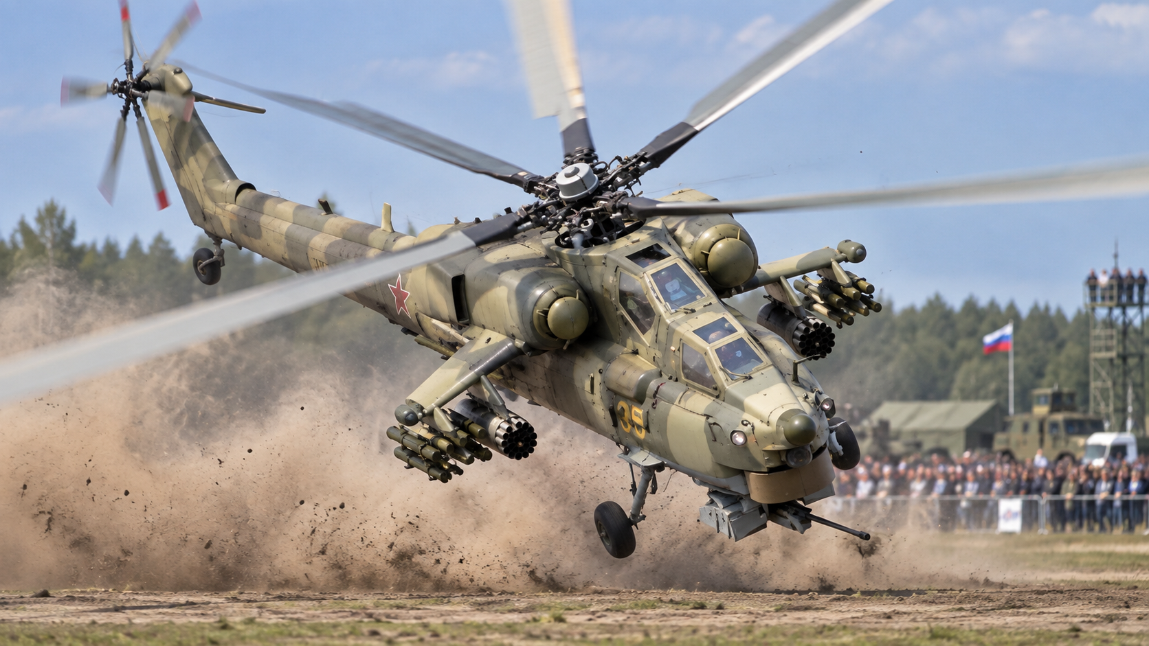 Russian attack helicopter spins out of control during army display