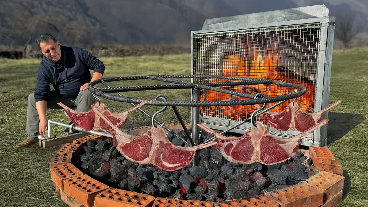 How to cook rare juicy steaks on hooks - This Texas-style open pit BBQ ...