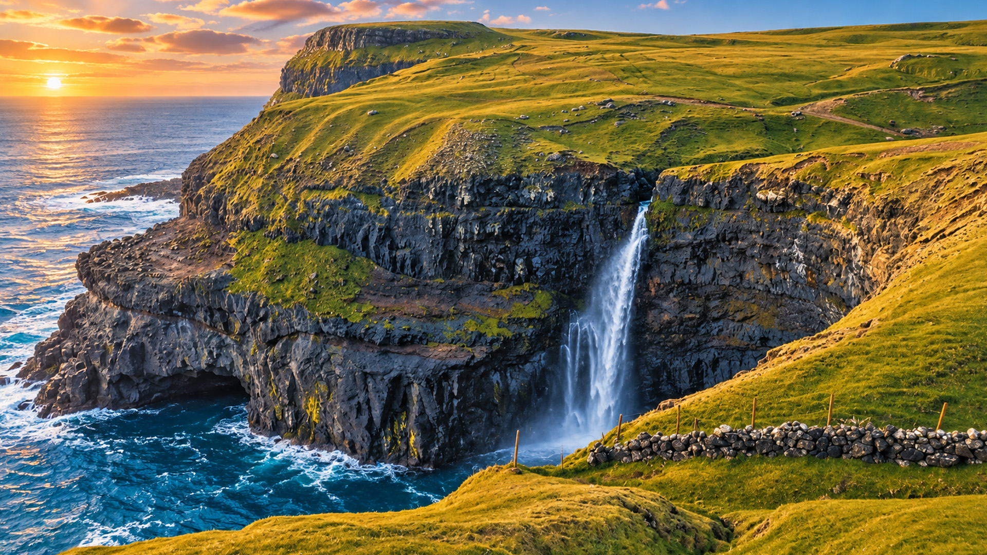 Waterfall plunging from Faroe Islands cliffs into the ocean