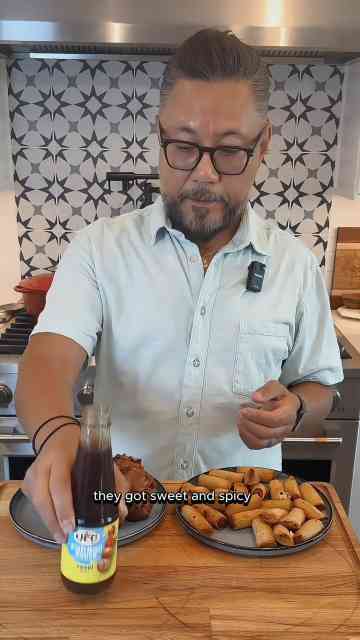 Shumai dipped in fishball sauce sweet spicy flavor combo