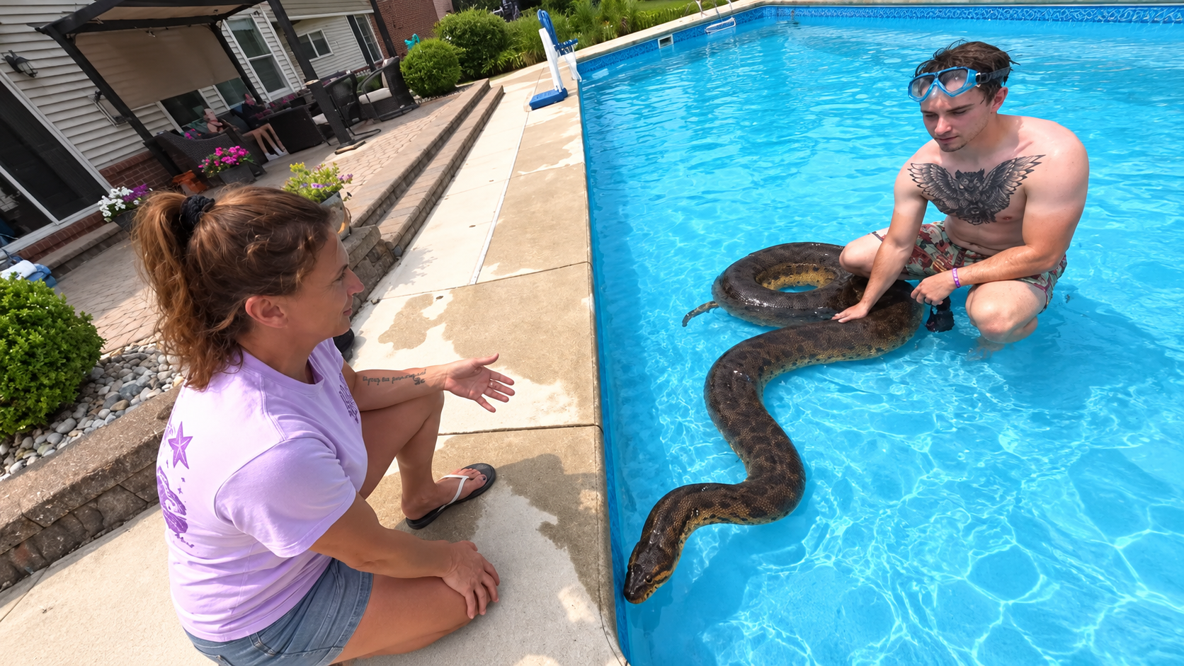 This giant anaconda went into the pool - then he decided to swim beside it