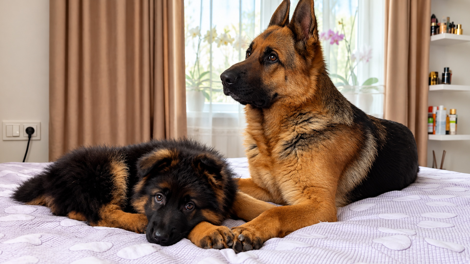 German shepherd gently plays with new puppy