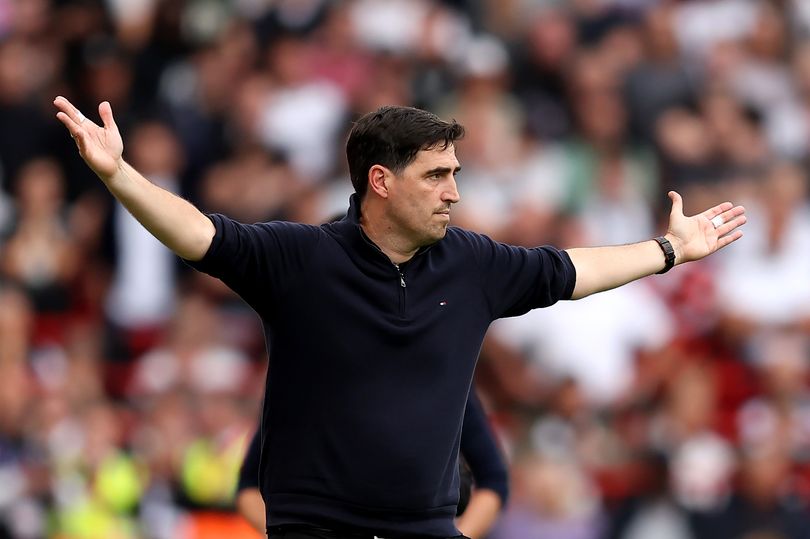 Andoni Iraola, Manager of Liverpool, reacts during the Premier League 2026/27 match between Liverpool FC and Fulham at Anfield