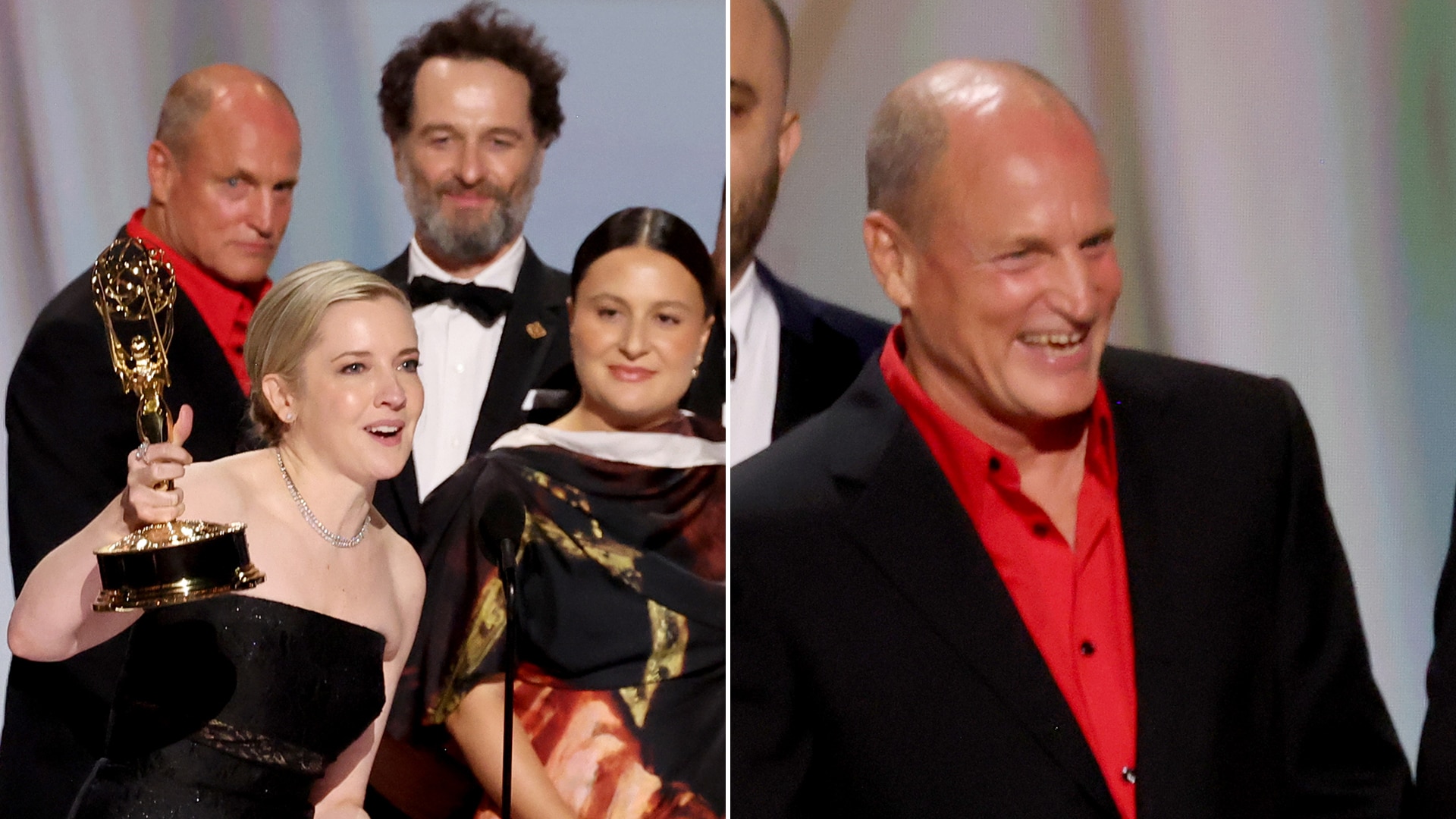 Widow's Bay cast reacts to Woody Harrelson crashing their Emmys win