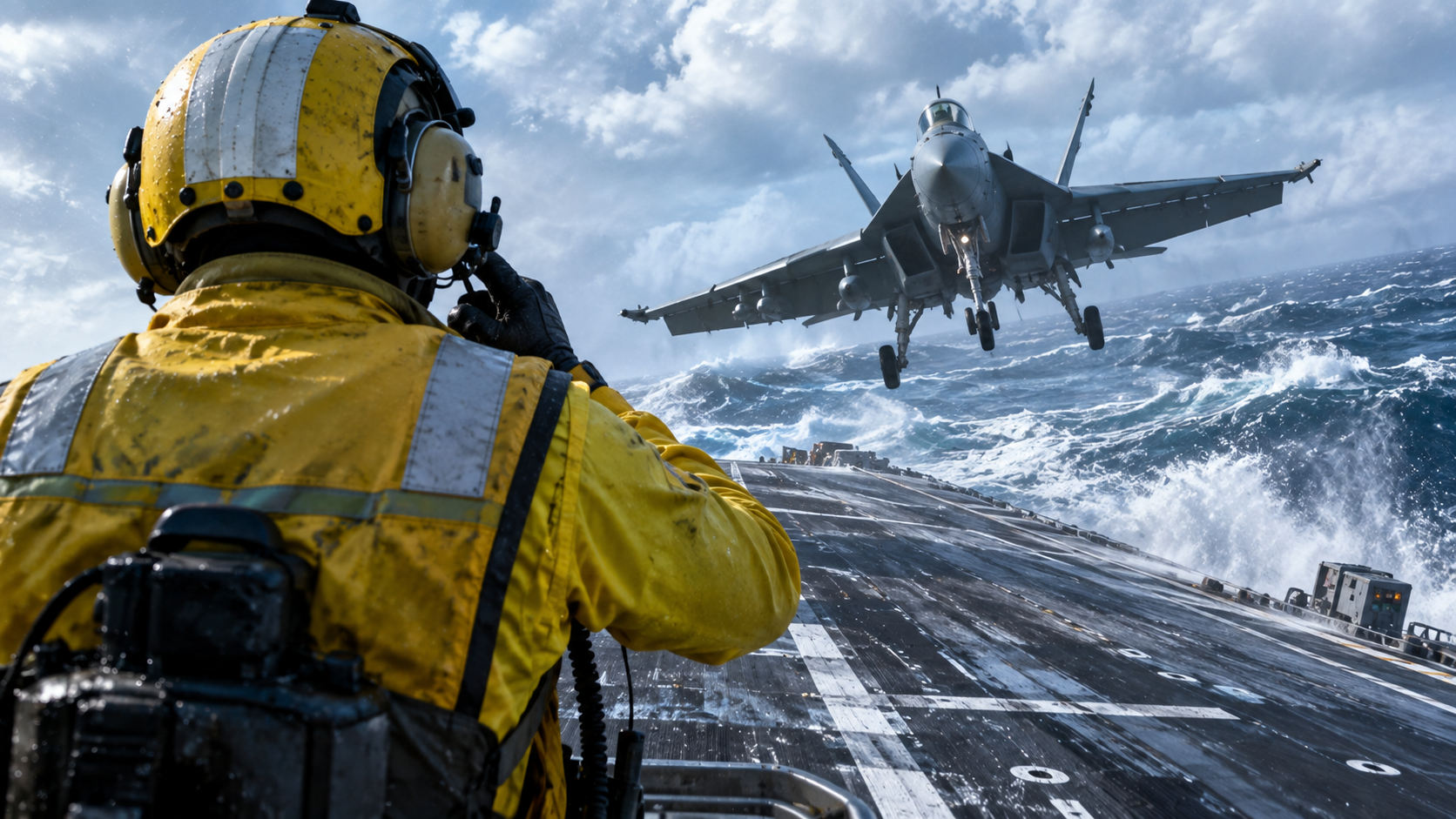 Storm carrier operations - landing jets on a liquid earthquake