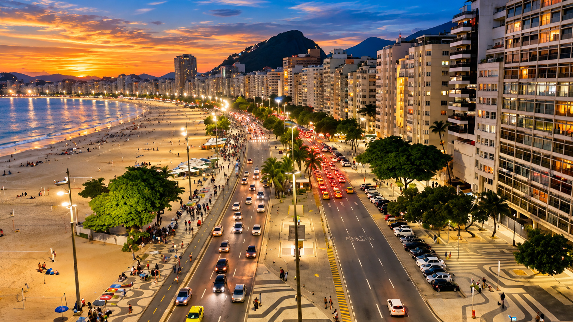 City lights stretching along Rio de Janeiro’s beachfront
