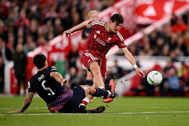Koumas shoots during the Carabao Cup match between Liverpool and Tottenham at Anfield