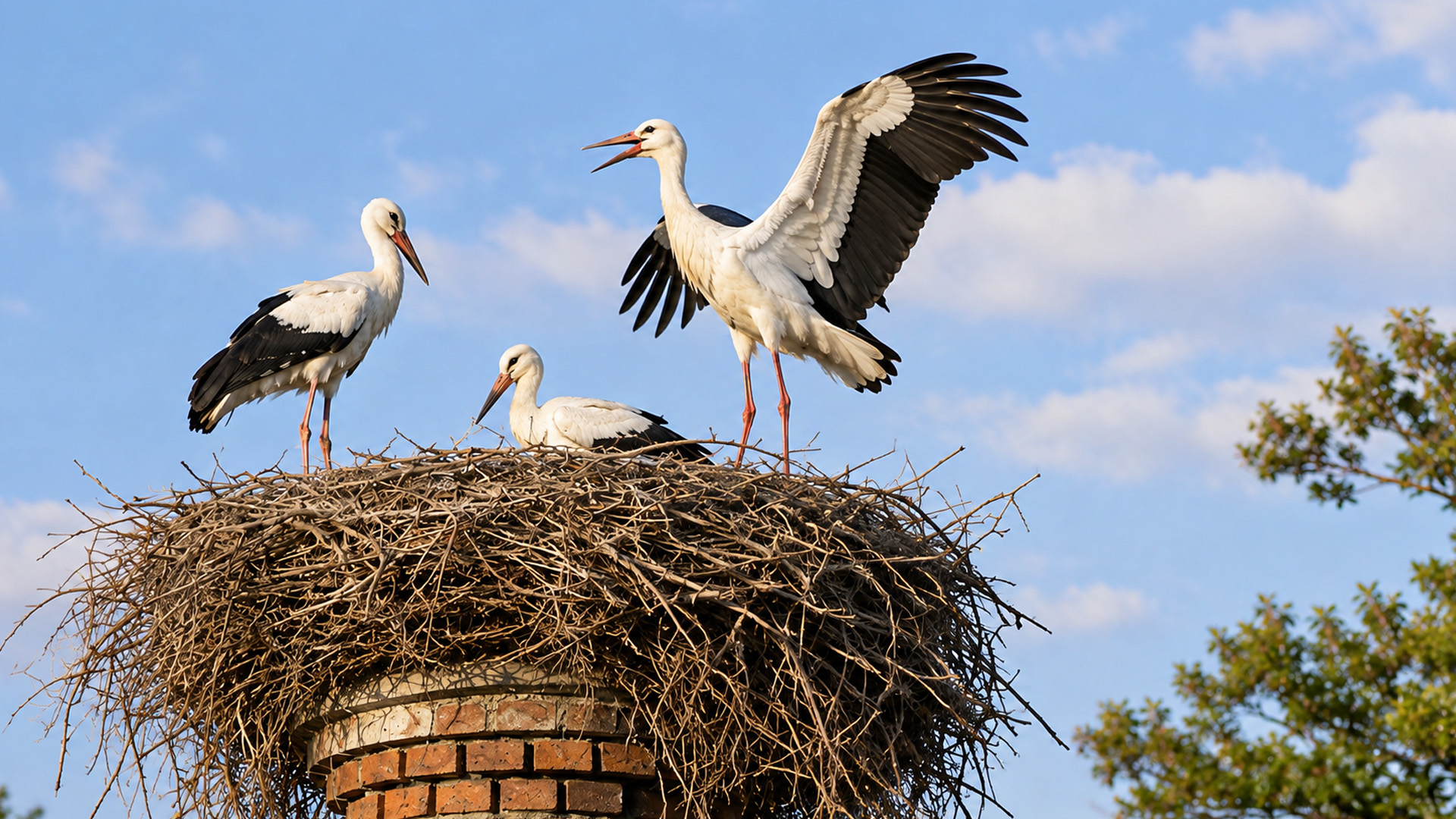 Hidden camera captures three storks gathering on a large nest