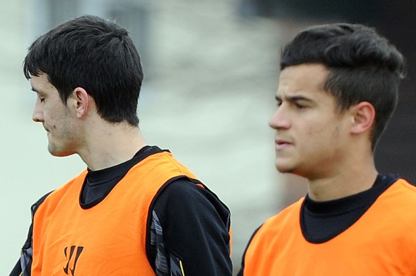 Luis Alberto of Liverpool and Philippe Coutinho of Liverpool during a training session at Melwood Training Ground
