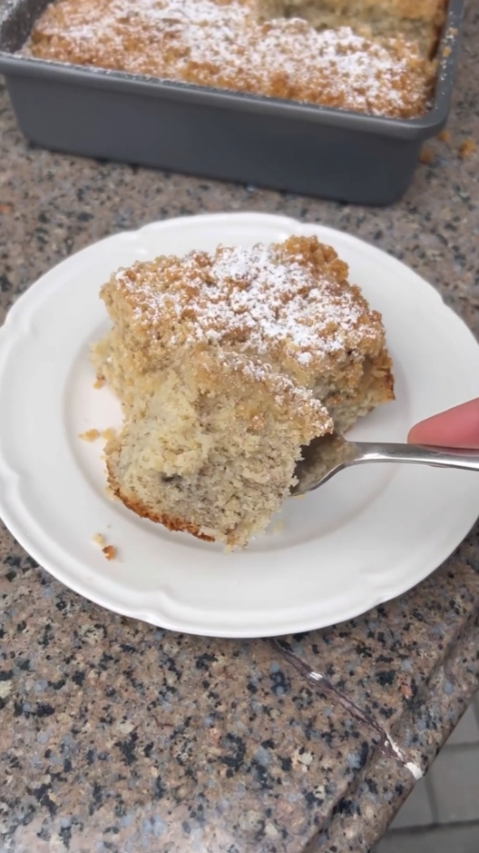 Banana coffee cake with a crisp crumb topping