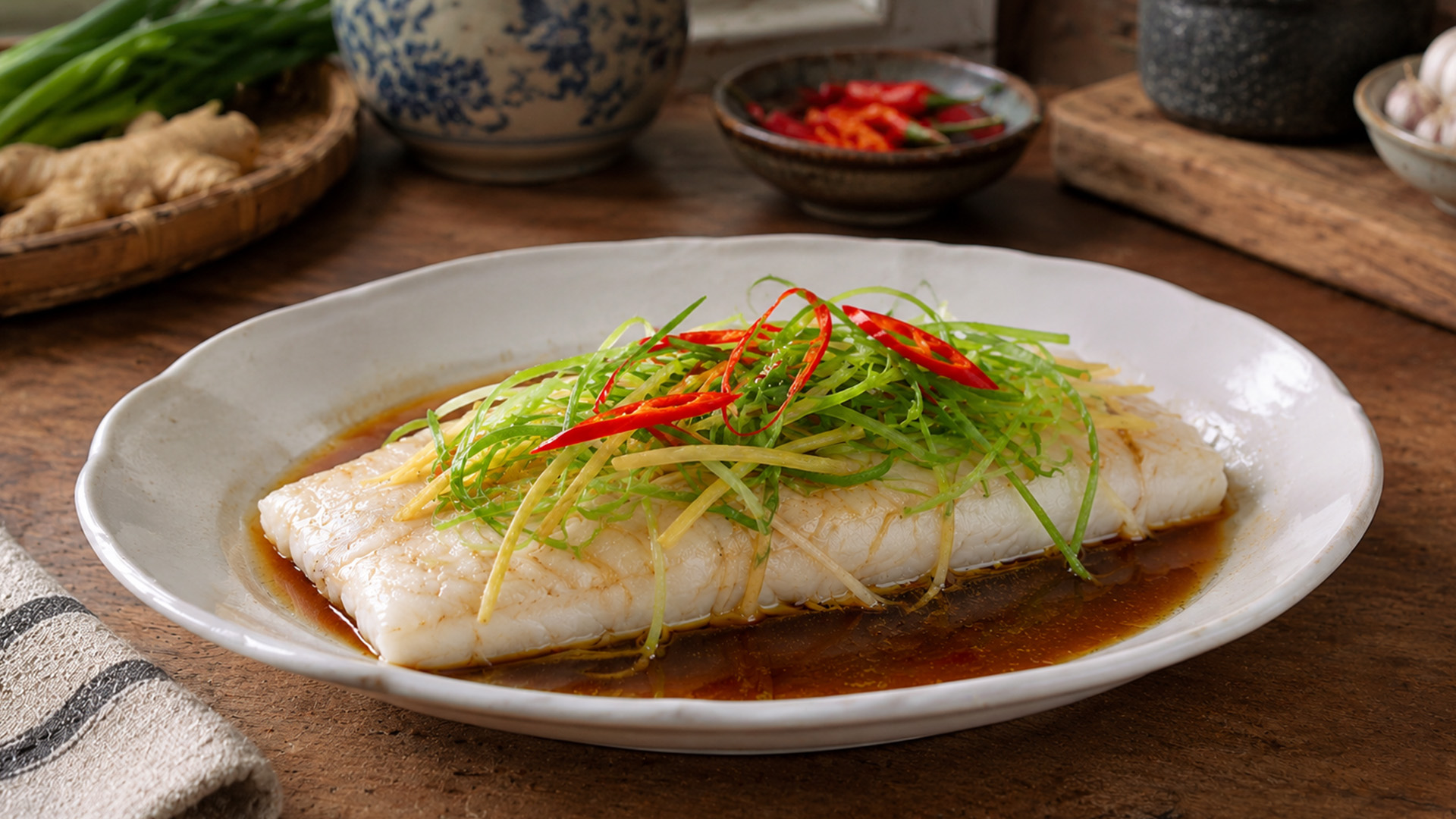 Steamed fish with a simple aromatic soy sauce