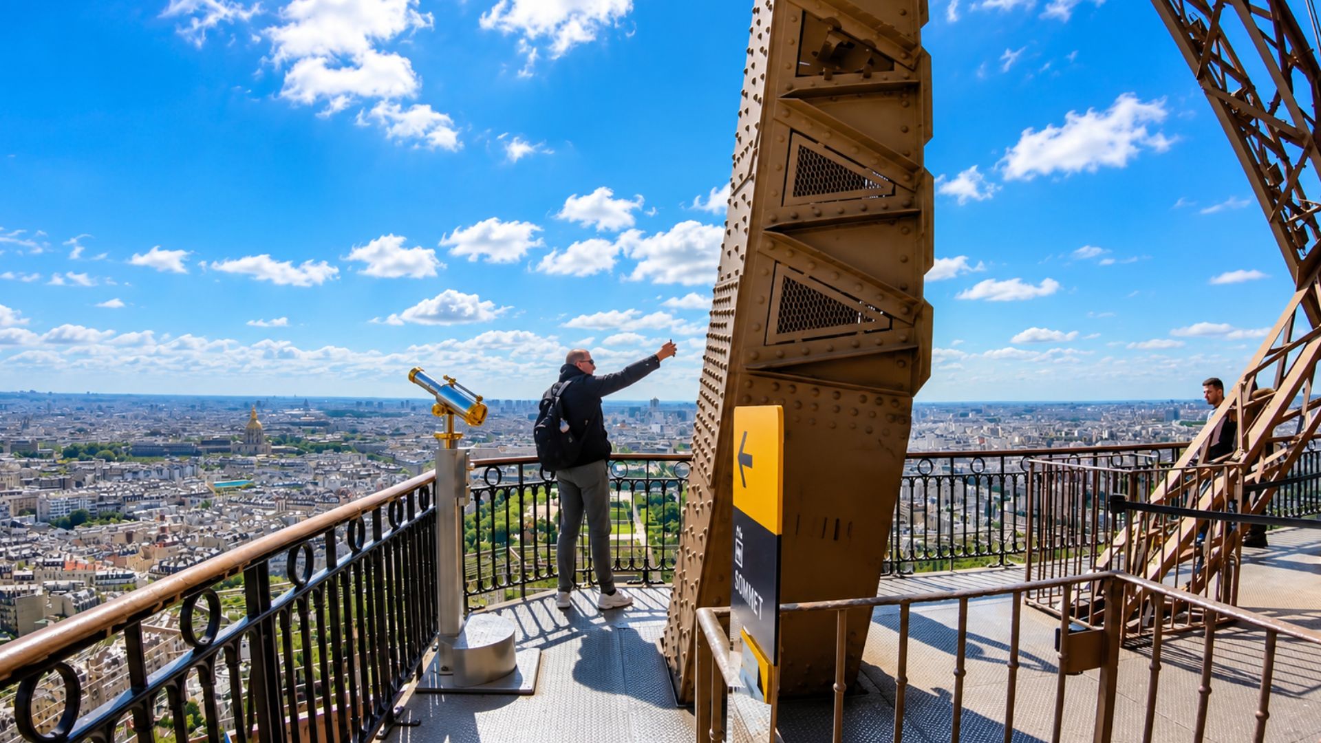 Looking across Paris from high inside the Eiffel Tower (4K)