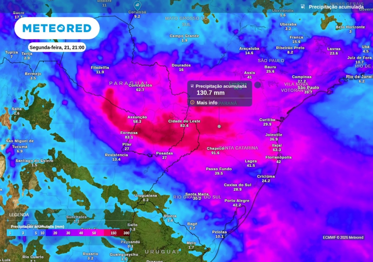 Previsão de chuva acumulada até a noite de segunda-feira (21), segundo o ECMWF.