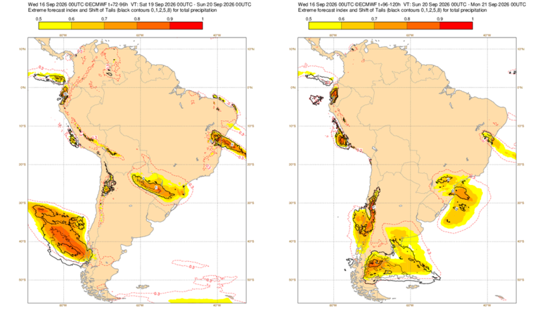 EFI do ECMWF para precipitação neste sábado (18, esquerda) e domingo (19, direita). Créditos: Meteored/ECMWF.