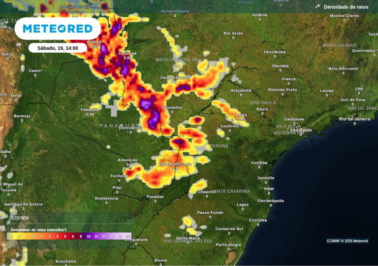 Previsão de tempestades para sábado (19), segundo o ECMWF.
