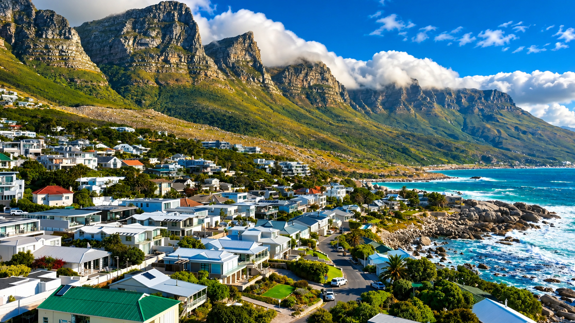 Mountain peaks rise dramatically above a beautiful coastal town
