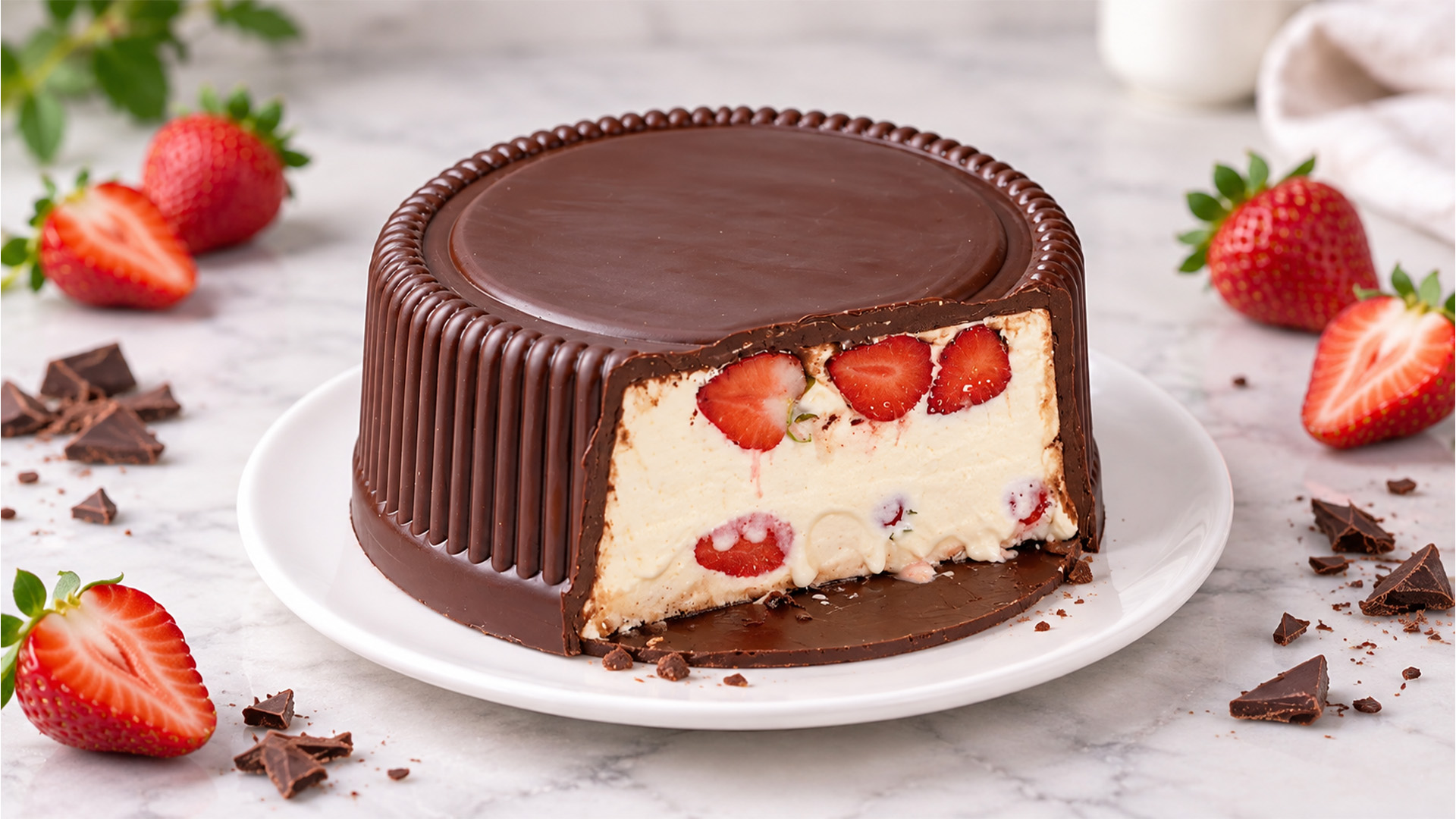 Strawberry cream cake with chocolate coating