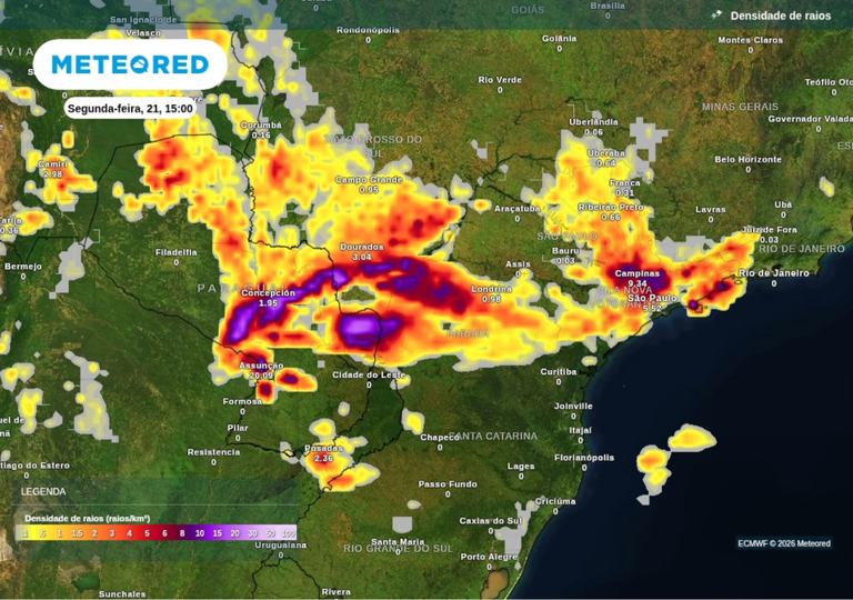Previsão de tempestades intensas para segunda-feira (21), segundo o ECMWF.