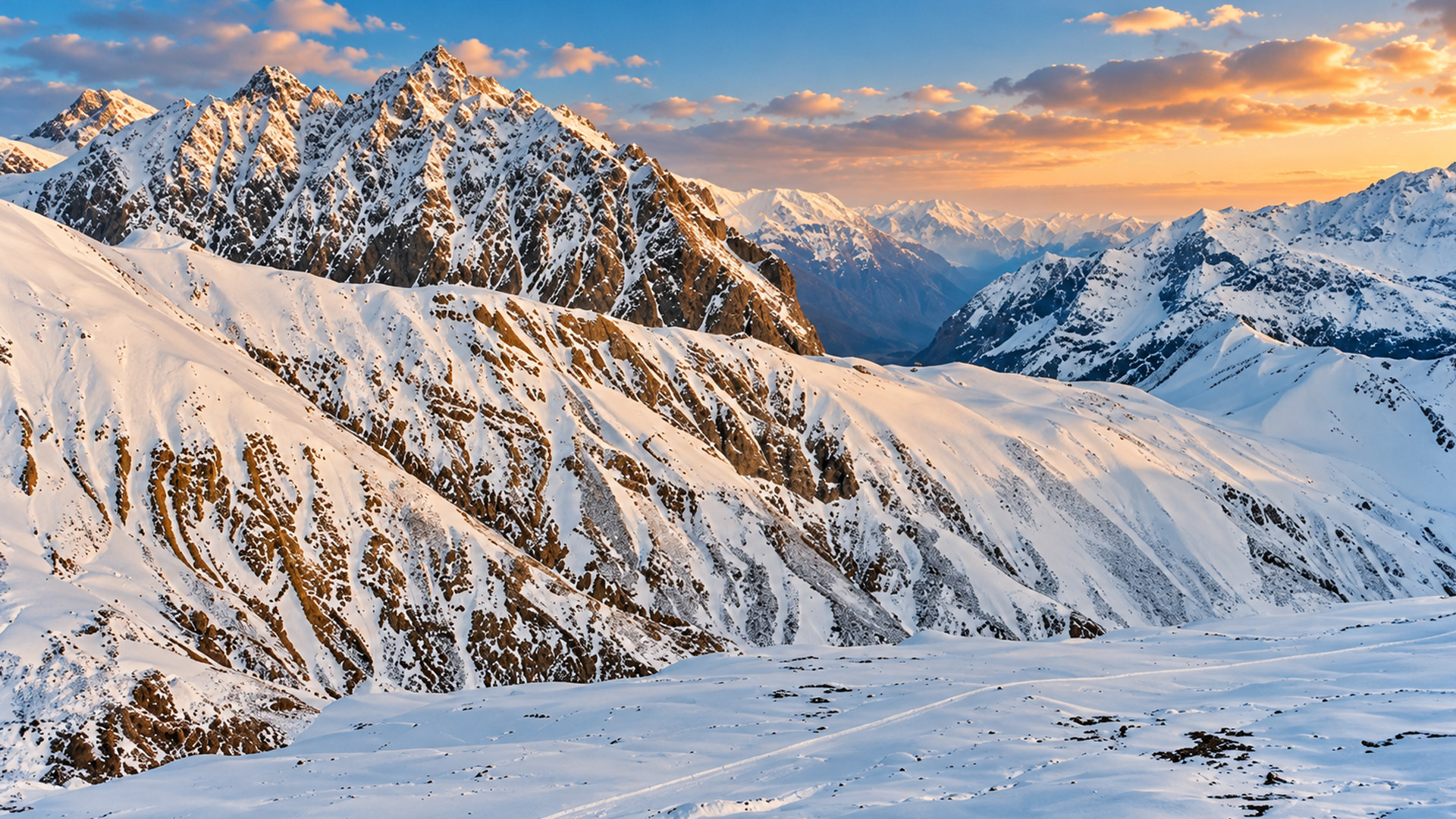 Jagged mountain peaks rising above deep snow