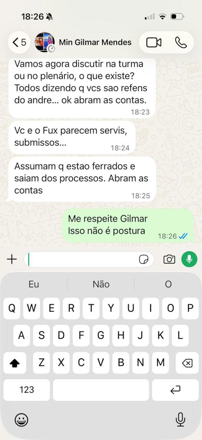 Mensagens trocada por Gilmar Mendes e Nunes Marques Foto: Reprodução / Estadão