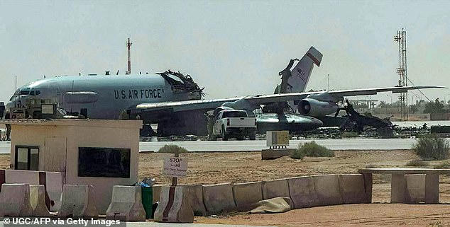 A destroyed US Air Force Airborne Warning and Control System (AWACS) aircraft, primarily used for air traffic control, is seen in ruins following an&nbsp;Iranian strike at Prince Sultan Airbase in Saudi Arabia in March