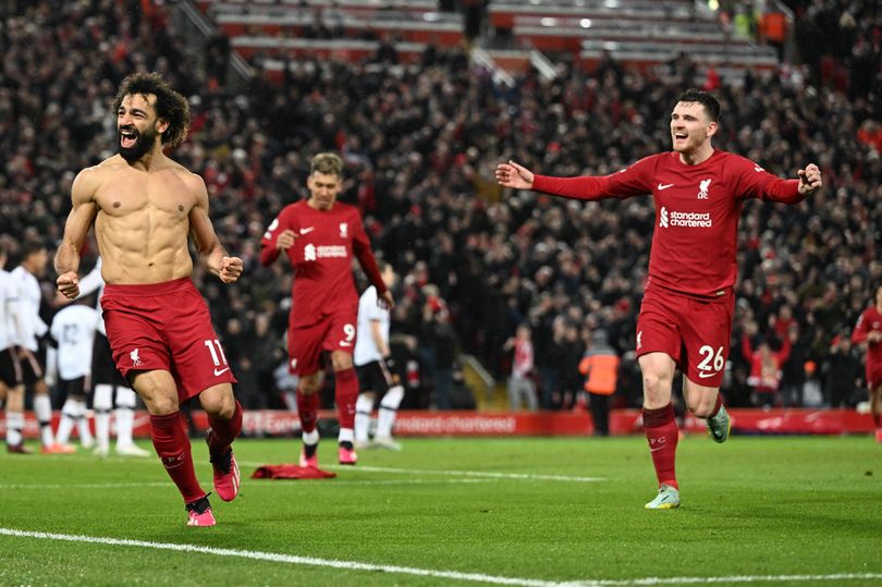 Mohamed Salah of Liverpool celebrates after scoring the sixth goal during the Premier League match between Liverpool FC and Manchester United at Anfield on March 05, 2023 in Liverpool, England