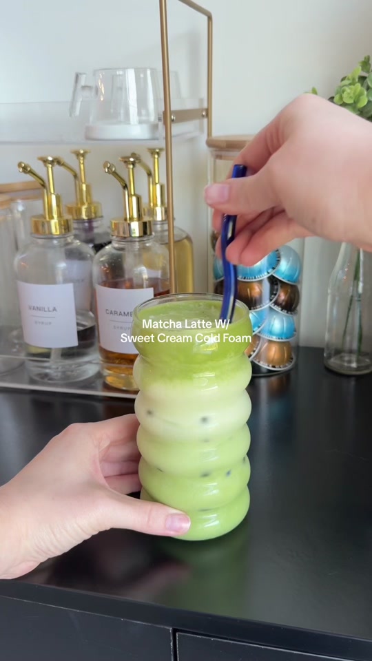 Make a matcha latte with sweet cream cold foam cafe style