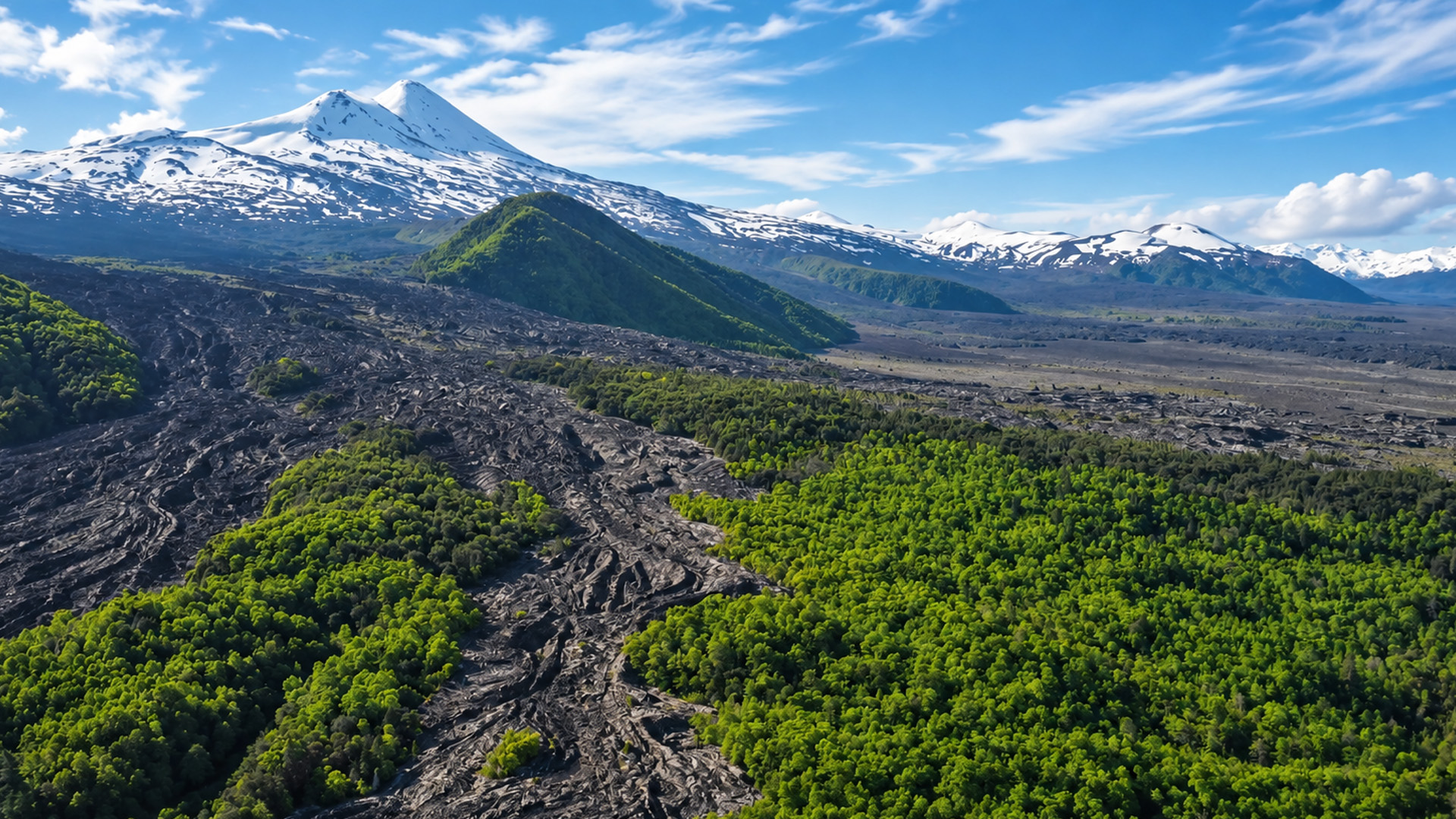 Green forest survives between massive lava flows