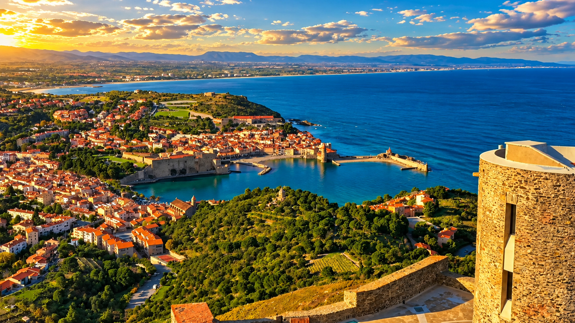 Ciudad histórica mediterránea alrededor de una bahía azul resguardada