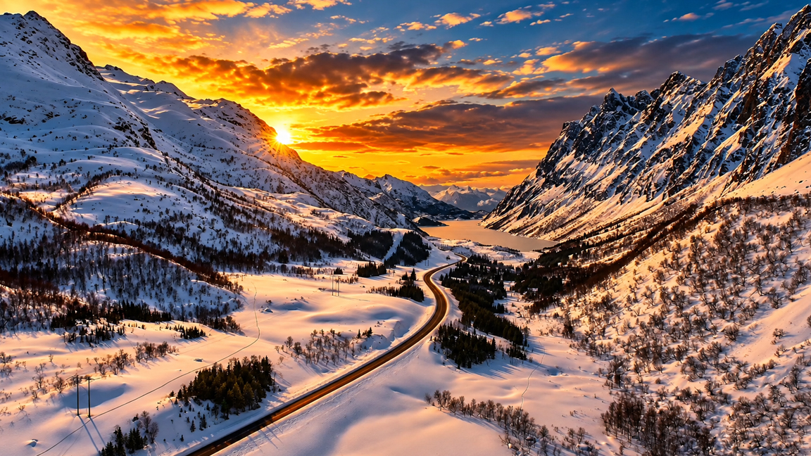 Winding road through a snow covered mountain valley