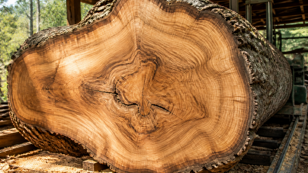 100-year-old white oak is cut open to reveal the remarkable patterns ...