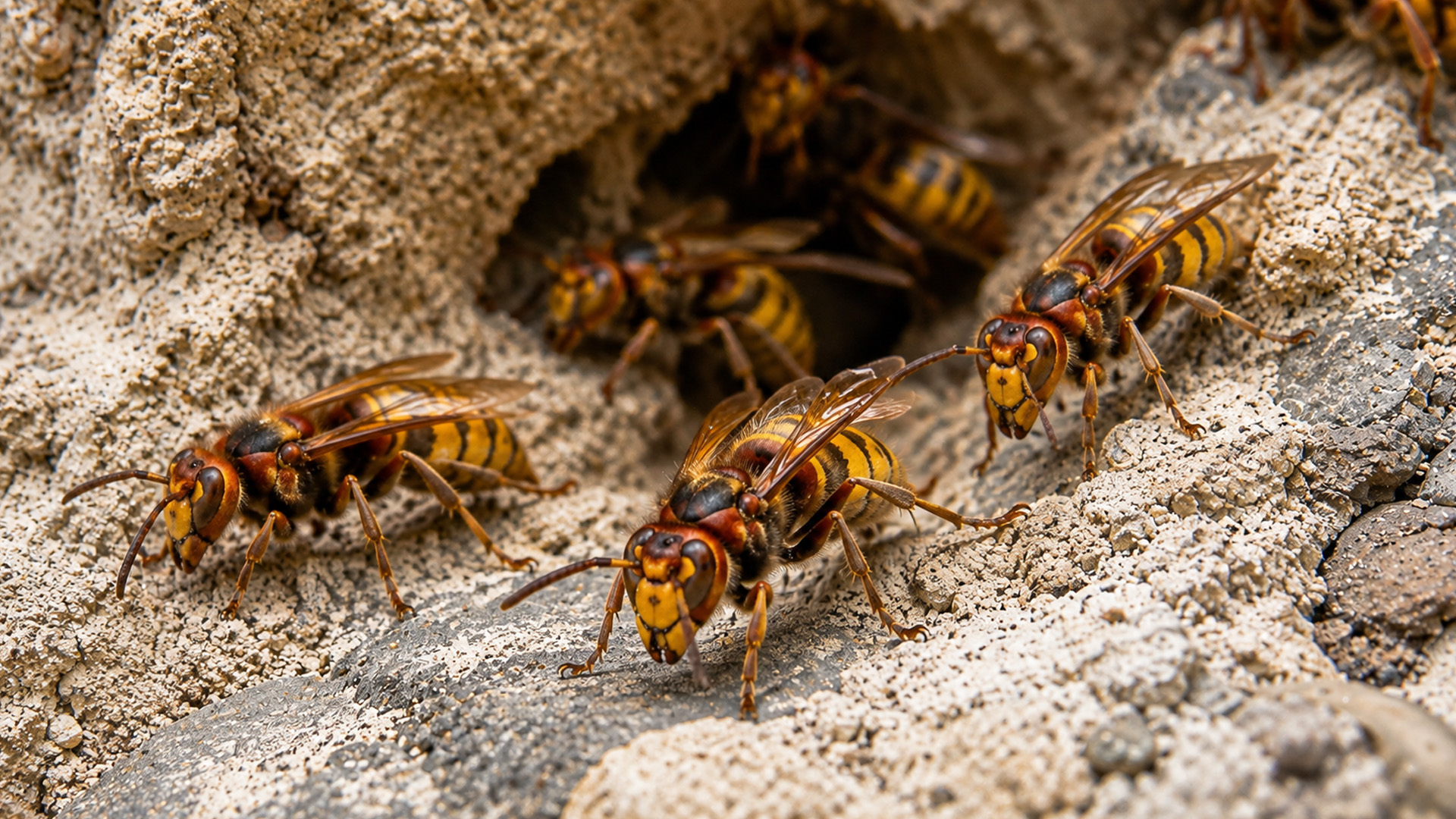 Hidden camera captures hornets gathering at their nest entrance