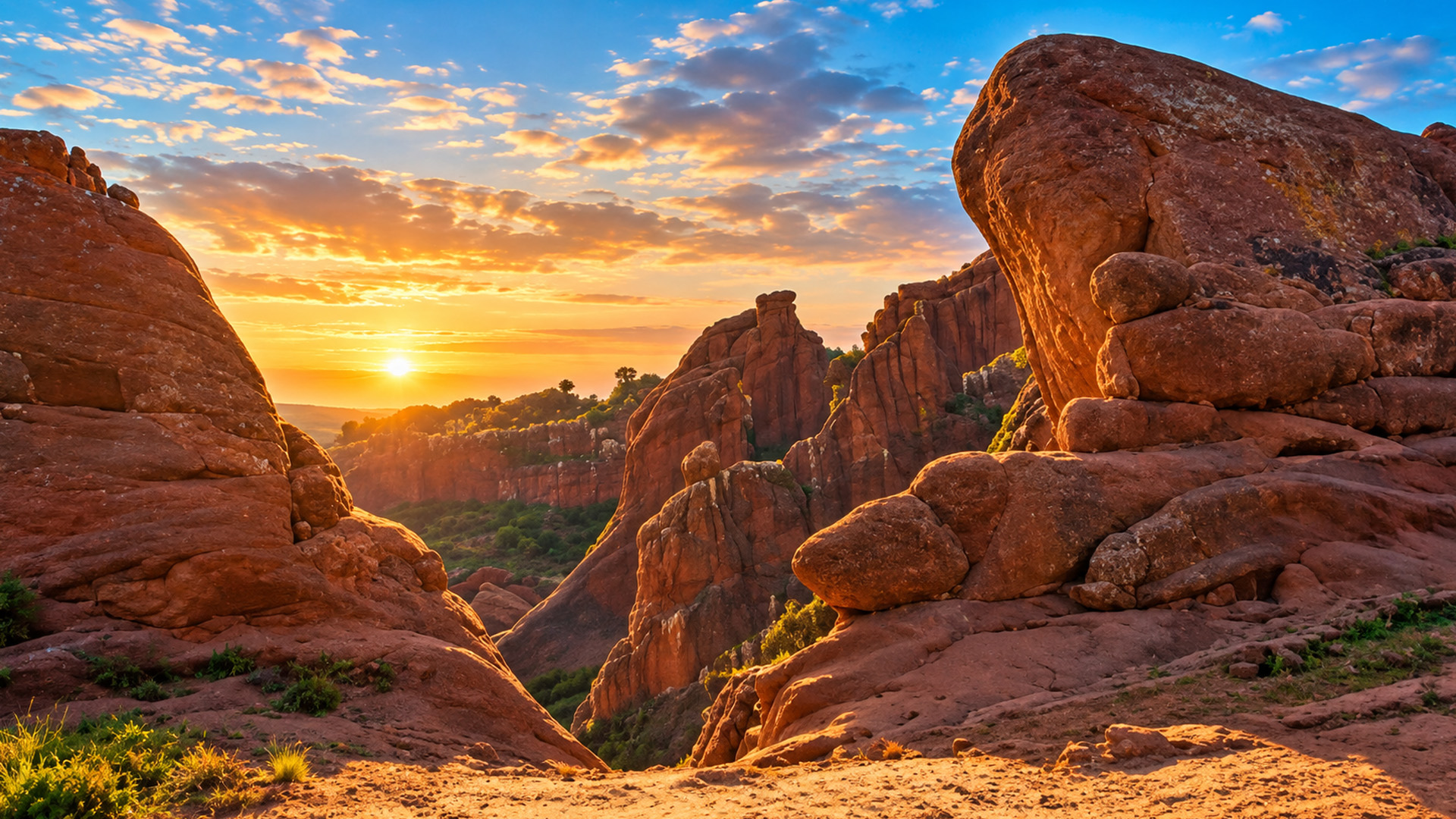 Rugged rocky landscape glowing in golden sunlight