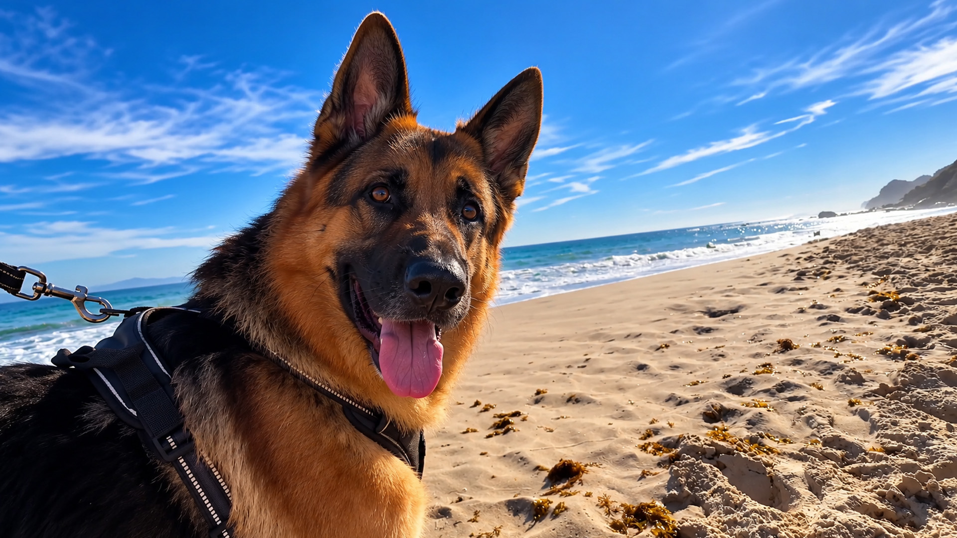 German shepherd puppy discovers waves and wet sand