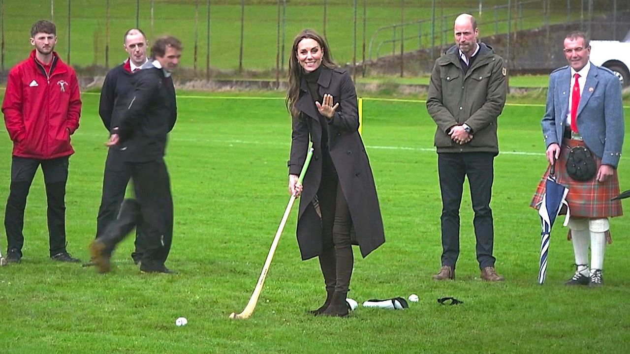 William and Kate pick up shinty sticks during royal visit to Isle of Bute