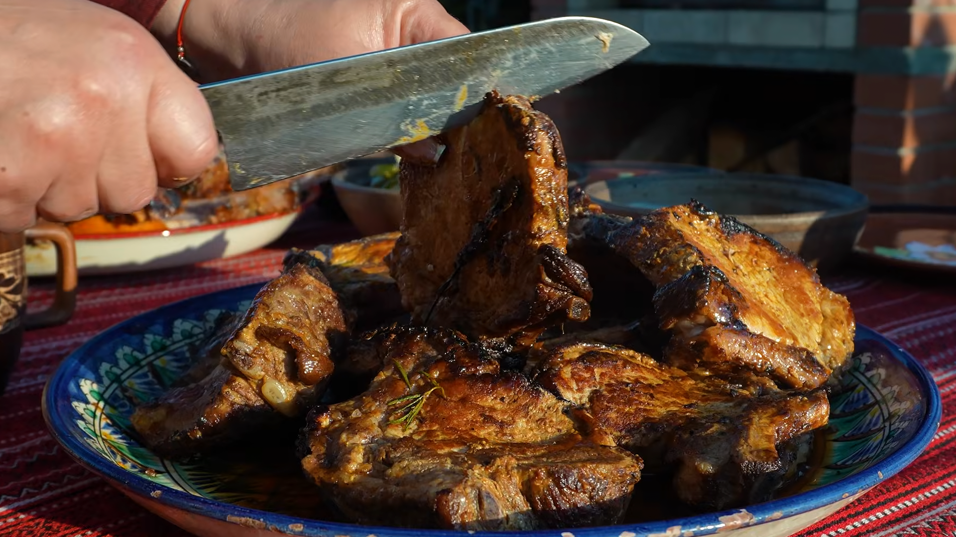 Family dinner with a big portion of juicy ribs