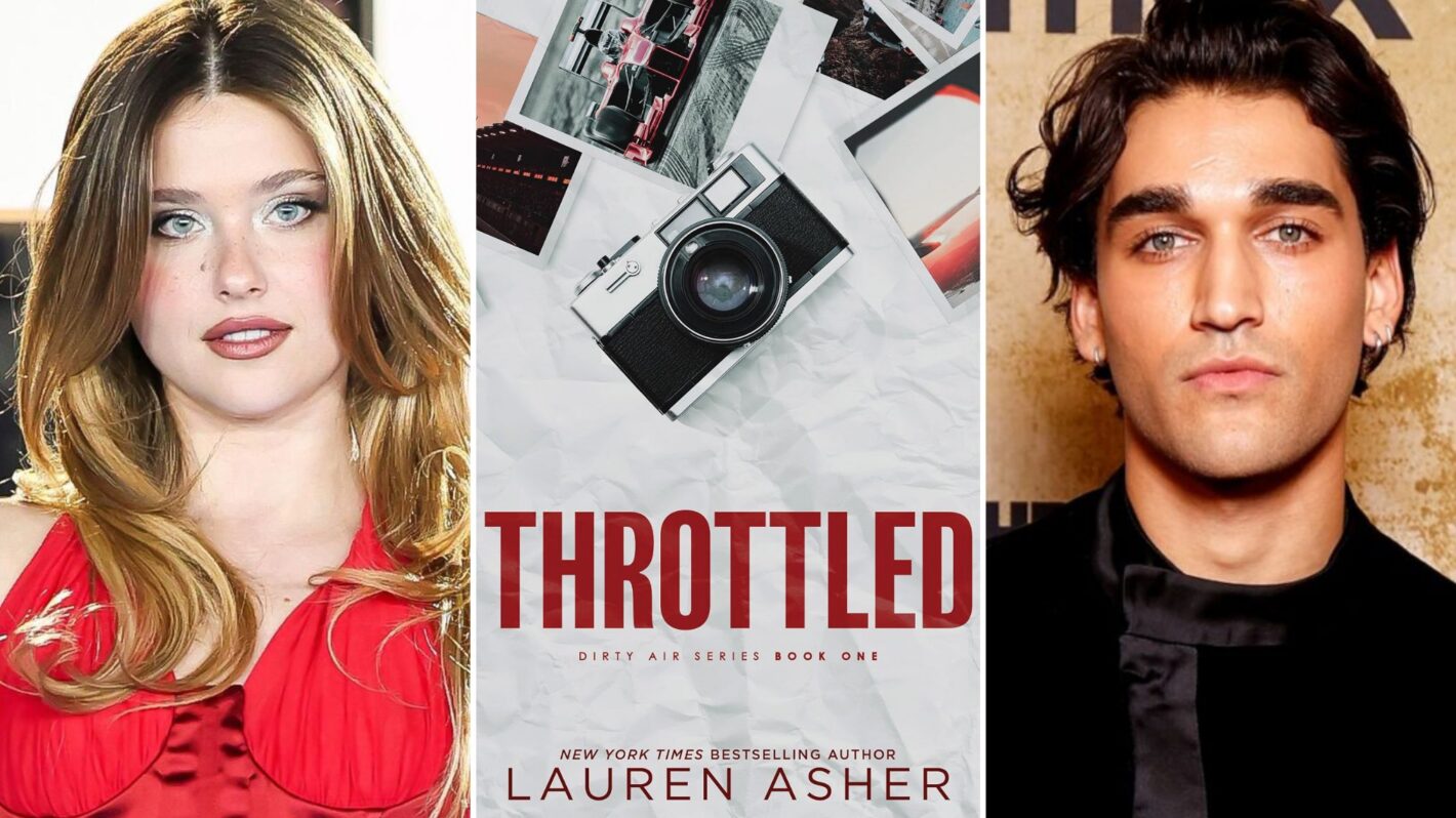 Nicole Wallace and Josh Heuston photos next to 'Throttled' by Lauren Asher book cover