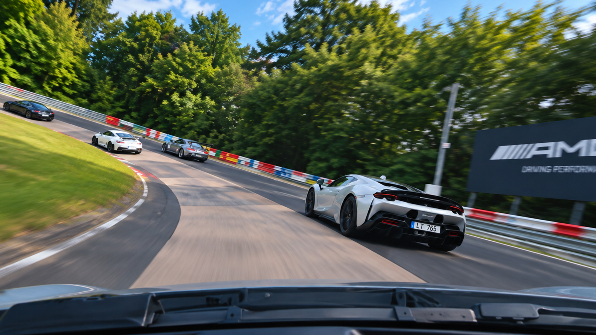 A McLaren 765LT joins a four-car Nürburgring train