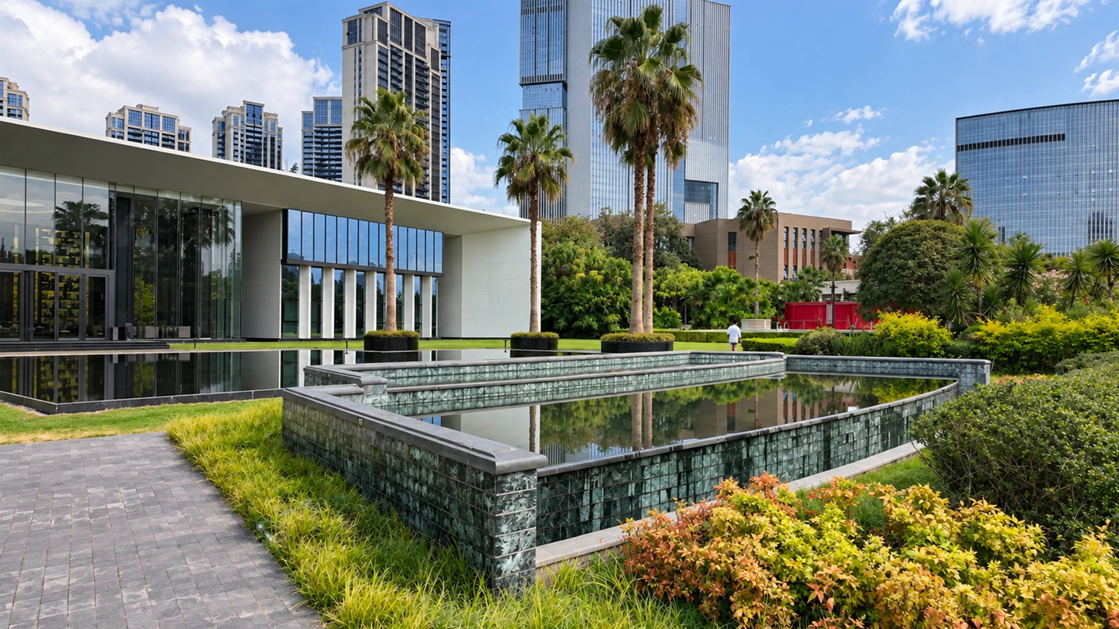 China combines glass towers with quiet landscaped water gardens
